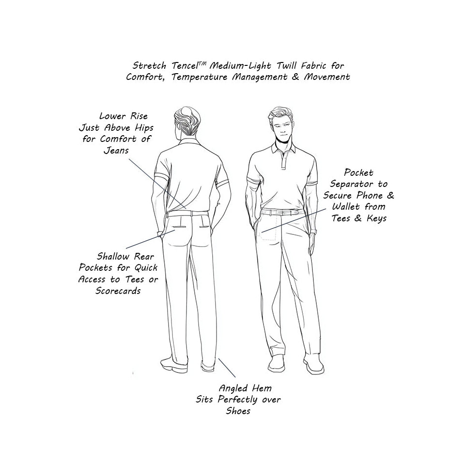 Technical diagram of a men's pants design with features labeled